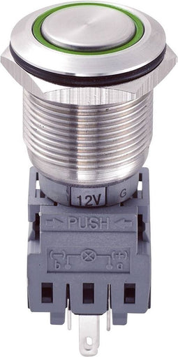 TRU COMPONENTS 701856 LAS1-BGQ-11E/G/12V Vandalismebestendige druktoets 250 V/AC 5 A 1x uit/(aan) Moment Groen IP67 1 s