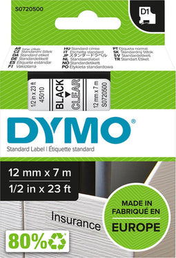 DYMO D1 - Labeltape - Zwart op Doorzichtig - 12 mm x 7 m (1 stuk)