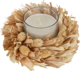 J-Line kaars + bloemen Rond - glas - wit/naturel - 24U