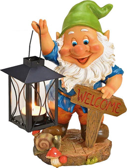 Tuinkabouter met lantaarn en welkom bordje - tuindecoratie - 20 cm - polystone beeld - Tuindecoratie/tuinversiering - kabouter