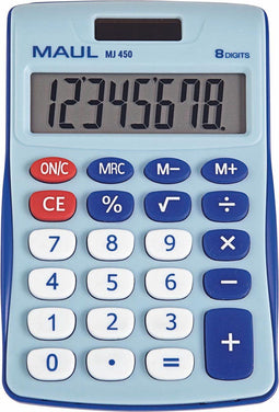 Maul MJ 450 Bureaurekenmachine werkt op batterijen, werkt op zonne-energie Lichtblauw Aantal displayposities: 8