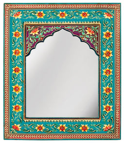 Turquoise handgeschilderde wandspiegel bloemen