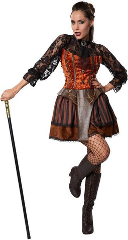 dressforfun Steampunk gravin - Kostuum XXL - Jurk met lange mouwen en meerlaagse rok - Bruin mix