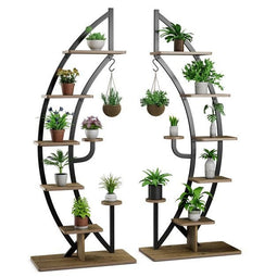 Twee 7-Lagen Hoge Metalen Plantenrek Gebogen Halve Maan Vorm Ladder Plantenrek Moderne Bloempot Houd