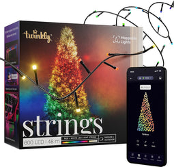 Twinkly Strings Lichtsnoer - 48M - LED Verlichting - RGB & Warm Licht - Dimbaar - Binnen & Buiten - Bluetooth Wifi - Werkt met Homekit, Homey, Google Home, Razer Chroma - Zwart