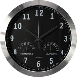 Perel Wandklok, rond, analoog, 35,5 cm, radiogestuurde tijdsaanduiding (DCF), met thermometer en hygrometer, aluminium, zilver