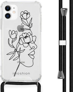 iMoshion iPhone 11 - Hoesje met Koord - Verstelbaar Koord Zwart / Woman Flower