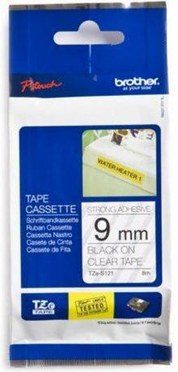 TZ-S121 9mm - black on transparant - extra sticky (8m)