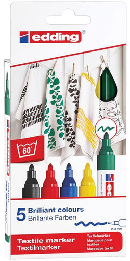 edding 4500 textielstiften - zwart, rood, blauw, groen, geel - 5 stuks - ronde punt 2-3 mm - textielstiften wasmachinebestendig (60°C) om op textiel te tekenen - textielmarker voor volwassenen en kinderen