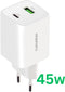 Mobiparts GaN Oplader - USB-C/USB-A - PD 3.0/QC 45W - Wit