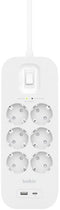 Belkin Connect - Overspanningsbeveiligingsstekkerdoos - 6 EU-stekkers 1x USB-A 1x USB-C - Wit