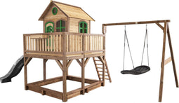 AXI Liam Speelhuis in Bruin/Groen - Met Roxy Nestschommel, Grijze Glijbaan en Zandbak - Speelhuisje op palen met veranda - FSC hout - Speeltoestel voor de tuin