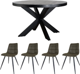 Home67 Set - Eettafel Bob Zwart Mangohout ø130 cm + 4 x Eetkamerstoel Galgary - Army Green