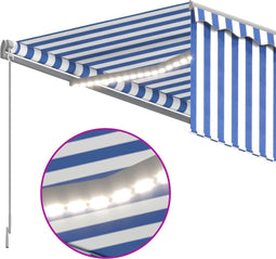 vidaXL - Luifel - handmatig - uittrekbaar - met - rolgordijn - LED - 4x3 - m - blauw - wit