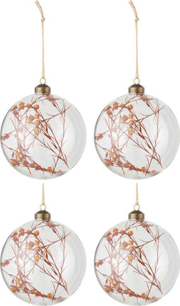 J-Line kerstbal Gedroogde Bloemen - glas - transparant/roest - large - doos van 4