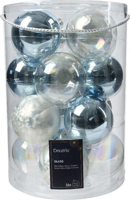 Kerstbal glas d8 cm blauw/wit 16st