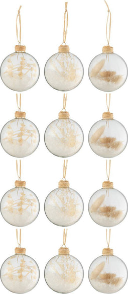 J-Line kerstbal Gedroogde Takjes - glas - beige/transparant - doos van 12