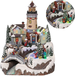 Cheqo kerstdorp - LED licht - draaiende kerstboom - 26x28x35 cm