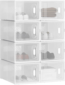 Woltu Schoenendozen Set van 8 – Transparant Wit – Stapelbare Opbergdozen met Voorklep – Kunststof