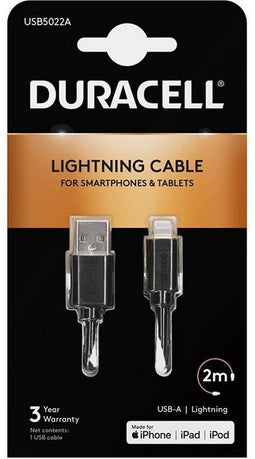 Duracell USB5022A - USB naar Lightning-kabel - 2m 5V/3A 480 Mbps - Zwart