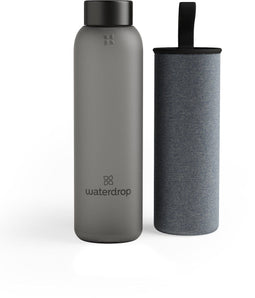 waterdrop® Glazen Drinkfles 600 ml - Duurzaam Borosilicaatglas - Neopreen Hoes en Bamboe Dop - Black Frosted