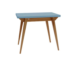 Uitschuifbare tafel Envelop, 90x65x75, essenhout in eiken kleur, blauw
