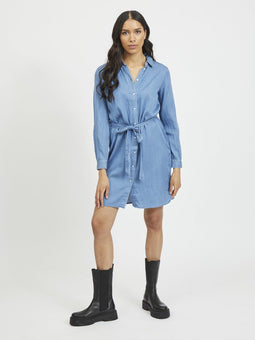 VILA VIBISTA - Denim Doorknoop Jurk met Ceintuur - Maat 44