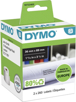 DYMO S0722400 - LabelWriter adreslabels - 36 mm x 89 mm - 2 rollen met 260 labels (520 stuks)