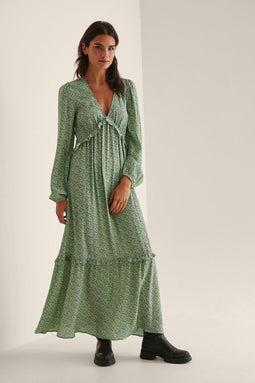 na-kd Maxi-jurk - Ballonmouwen V-hals Ruches - Green Flower