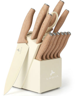 Lugia Messenset - 13-delige set - RVS messenblok met broodmes koksmes vleesmes schaar - Beige