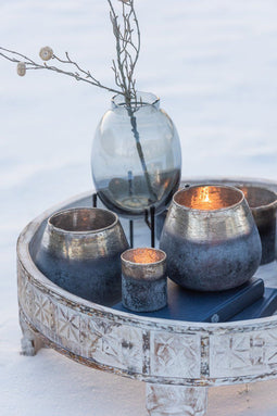 J-Line vaas Op Voet Rand Geribbeld - glas - grijsblauw/zwart - small - 24.5 cm hoog