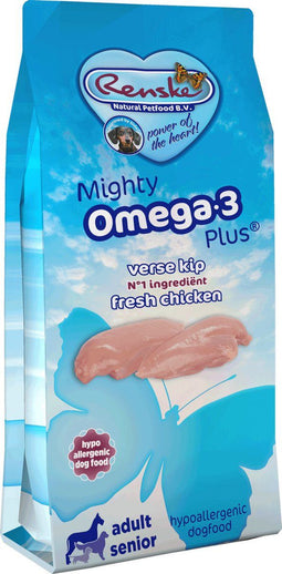 Renske - Mighty Omega Plus Adult Senior Kip Rijst Hondenvoer 15 kg