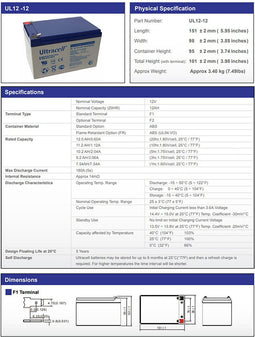 Ultracell UL12-12 loodbatterij 12 volt met 12 Ah, met 4,8 mm Faston-stekkercontacten