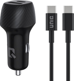 UNIQ Accessory 2.4A 36 Watt Dual port Snelle Autolader - met kabel - USB Type-C - Zwart