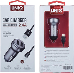 UNIQ Accessory Autolader Apple Lightning 2.4A - Grijs