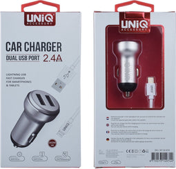UNIQ Accessory Autolader Apple Lightning 2.4A - Zilver