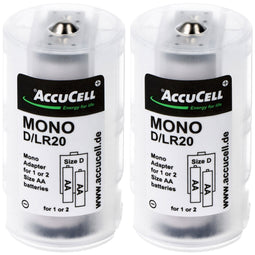 Universal Mono D adapter in a pack of 2 for 1 or 2 Mignon, AA, LR6, FR6 battery or rechargeable batt