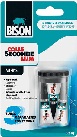 Bison Secondelijm Vloeibaar Mini's 3 x 1g, sterke secondelijm, speciale min verpakking, vaatwasser bestendig, water resistent, voor iedere reparatie in en om het huis