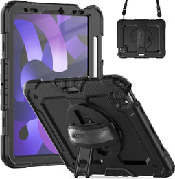 Accezz Rugged Backcover - iPad Air (2022 / 2020) - Schouderstrap en screenprotector - Zwart