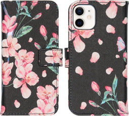 iMoshion Hoesje Geschikt voor iPhone 12 Mini Hoesje Met Pasjeshouder - iMoshion Design Softcase Bookcase - Zwart / Roze / Blossom Watercolor Black