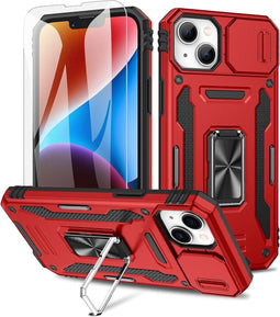 Podec iPhone 14 - Telefoonhoesje - Anti-Shock Case met Kickstand en Screenprotector - Rood