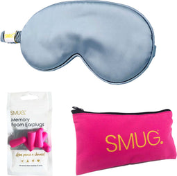 SMUG Slaapmasker met Roze Oordopjes en Opbergzakje - 100% Verduisterend - Verstelbaar Oogmasker in Satijn - Grijs