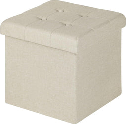 Woltu Opvouwbare Opbergpoef met Deksel - Gebroken Wit Linnen - 37,5 x 37,5 x 38 cm - Opbergkruk &