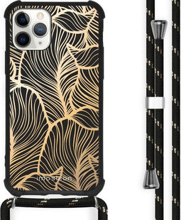 iMoshion iPhone 11 Pro - Hoesje met Koord - Verstelbaar Koord Goud/Zwart Golden Leaves