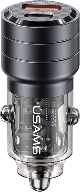 Usams, 95W USB-C PD 65W+USB-A QC 30W Ultra-snelle autolader met overspanningsbeveiliging, Doorzichtig zwart