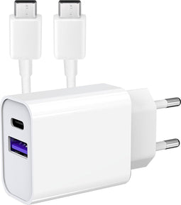 USB C Adapter + USB C kabel - Snellader oplader - USB stekker - USB Adapter USB C - USB C Oplader - USB Lader 2 Poorten - USB C naar USB C Kabel - USB C Lader met USB C Kabel