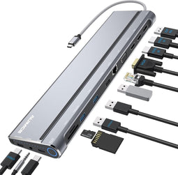 USB C Dockingstation dubbele monitor, USB C dock met dubbele HDMI, DP, VGA, Gigabit Ethernet, PD 3.0, USB A-poorten, SD/TF-sleuven, 3,5 mm audio, aan/uit-knop voor - Type c Thunderbolt 3-