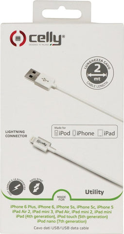 USB-Lightning Kabel Slim Tip, 2 meter - Celly