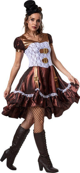 Dressforfun Steampunk Lady - Verkleedkostuum - Satijnen jurk met franjes en gespen - Maat S
