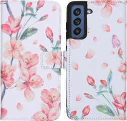 imoshion Hoesje Geschikt voor Samsung Galaxy S21 FE Hoesje Met Pasjeshouder - imoshion Design Softcase Bookcase - Wit / Roze / Blossom Watercolor White